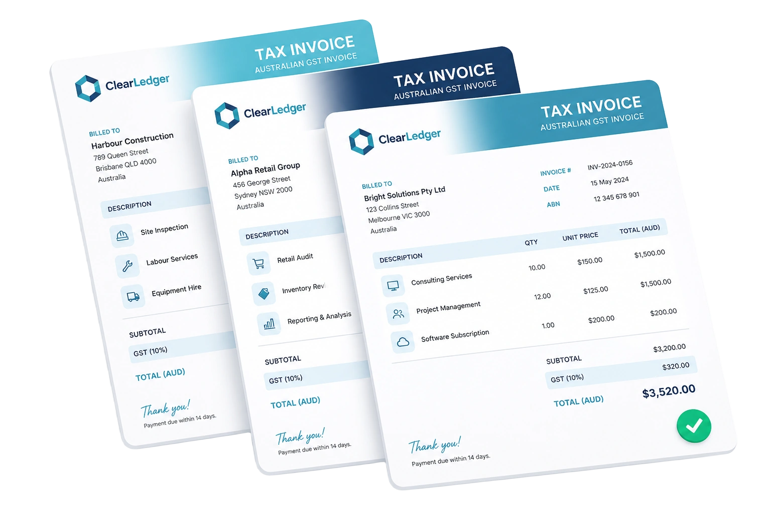 Three Australian GST tax invoices with logo, ABN, line items and GST totals
