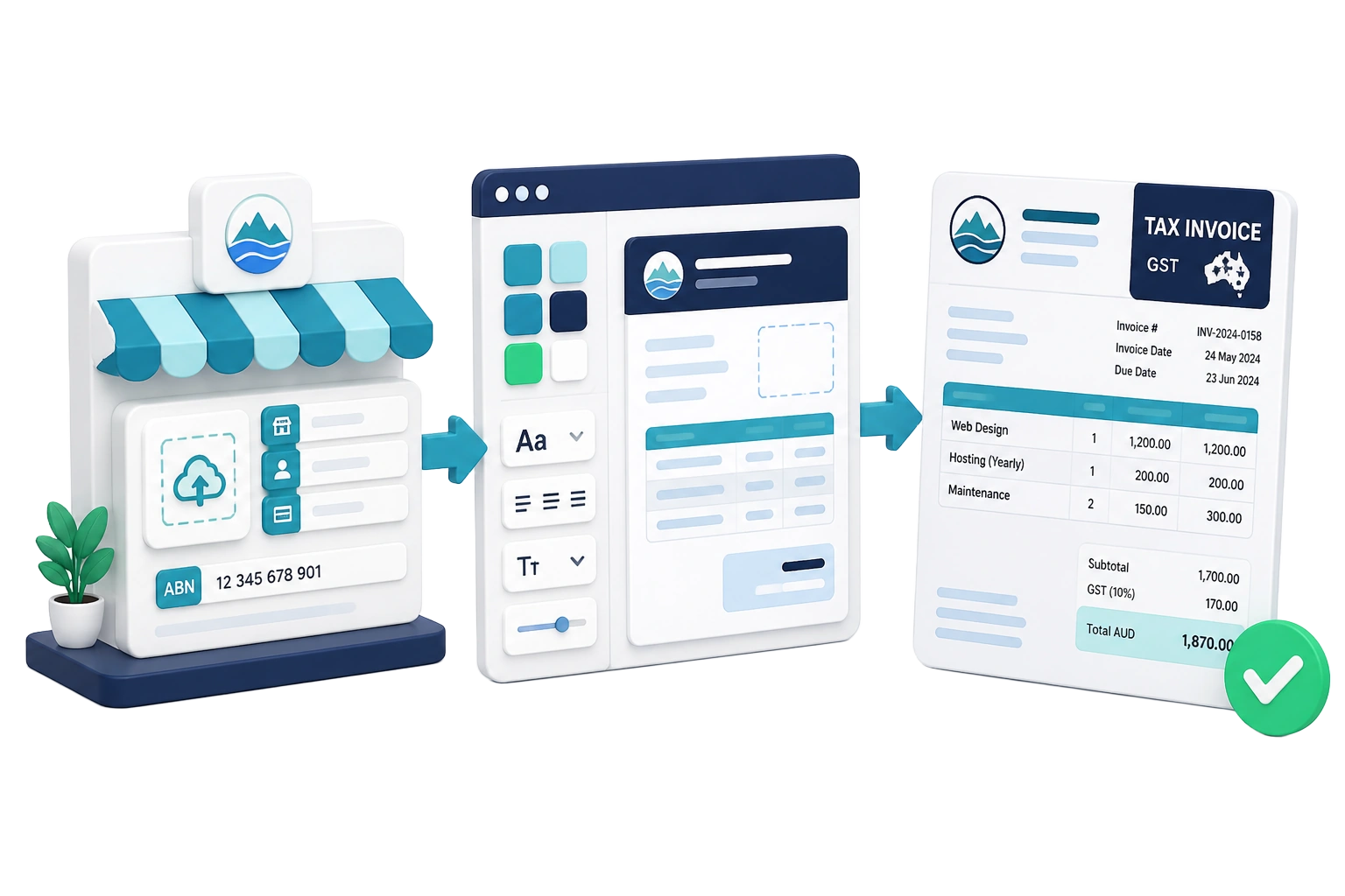Three easy setup steps: add your store details and ABN, personalise your invoice template, then send GST tax invoices