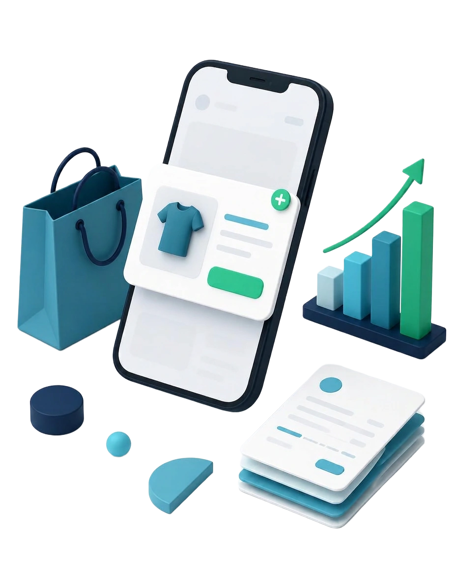 Jumi Solutions Shopify apps: upsell pop-up on a phone, tax invoices and rising sales