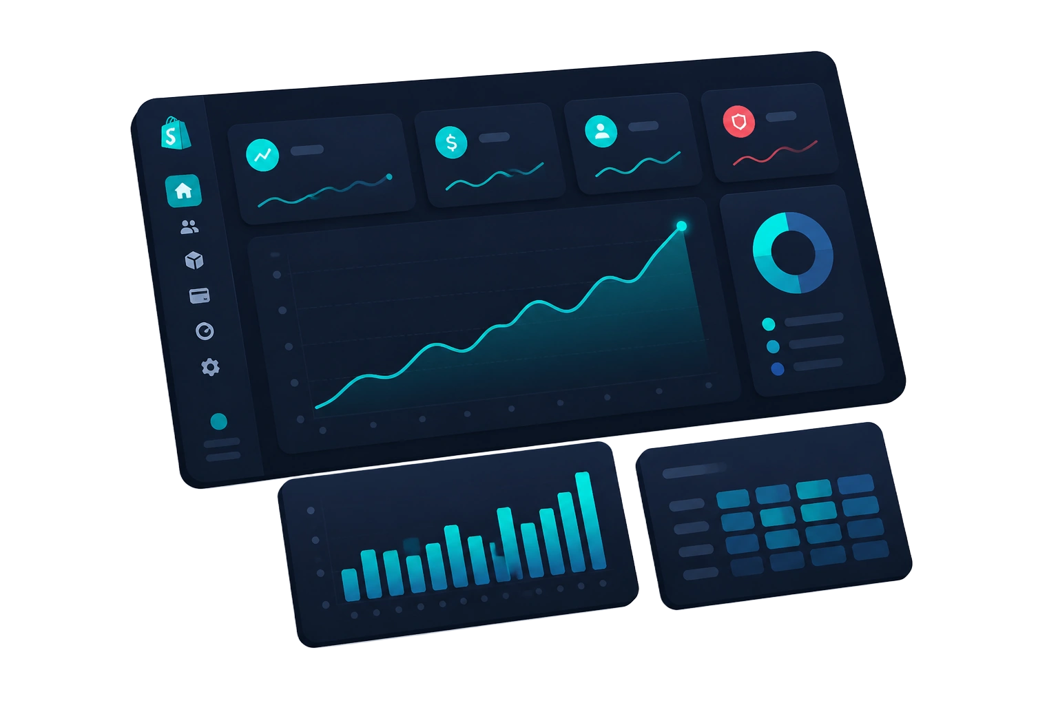 Illustration of a SAASMetricsHQ dashboard overview with an MRR trend line, churn and retention tiles and a report breakdown
