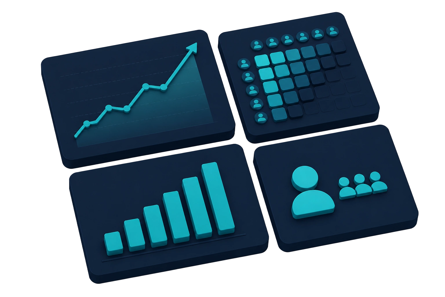 Illustration of four report cards representing revenue trend, retention cohorts, growth bars and active customers