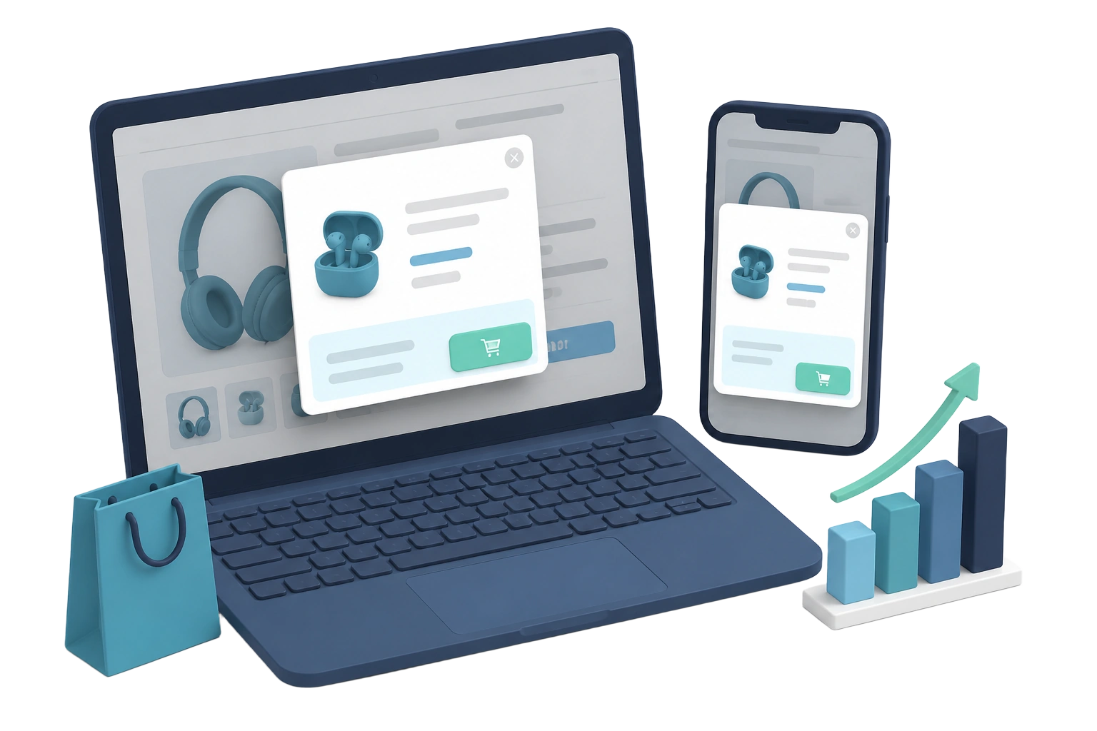 Laptop and mobile views of the Jumi Upsell Popup app showing an upsell offer on a product page